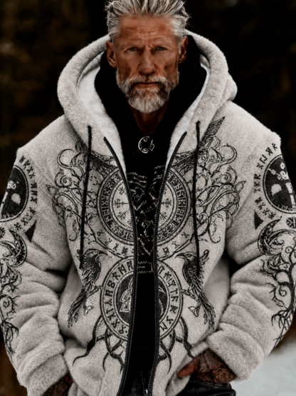 Herrlig viking- och keltiskt inspirerad plyschjacka med dragkedja och huva, mysig och varm
