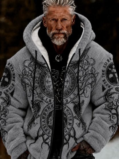 Herrlig viking- och keltiskt inspirerad plyschjacka med dragkedja och huva, mysig och varm