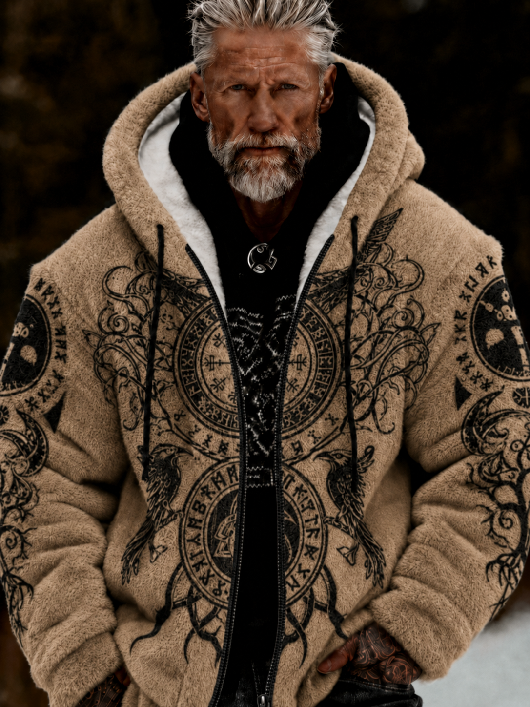 Herrlig viking- och keltiskt inspirerad plyschjacka med dragkedja och huva, mysig och varm