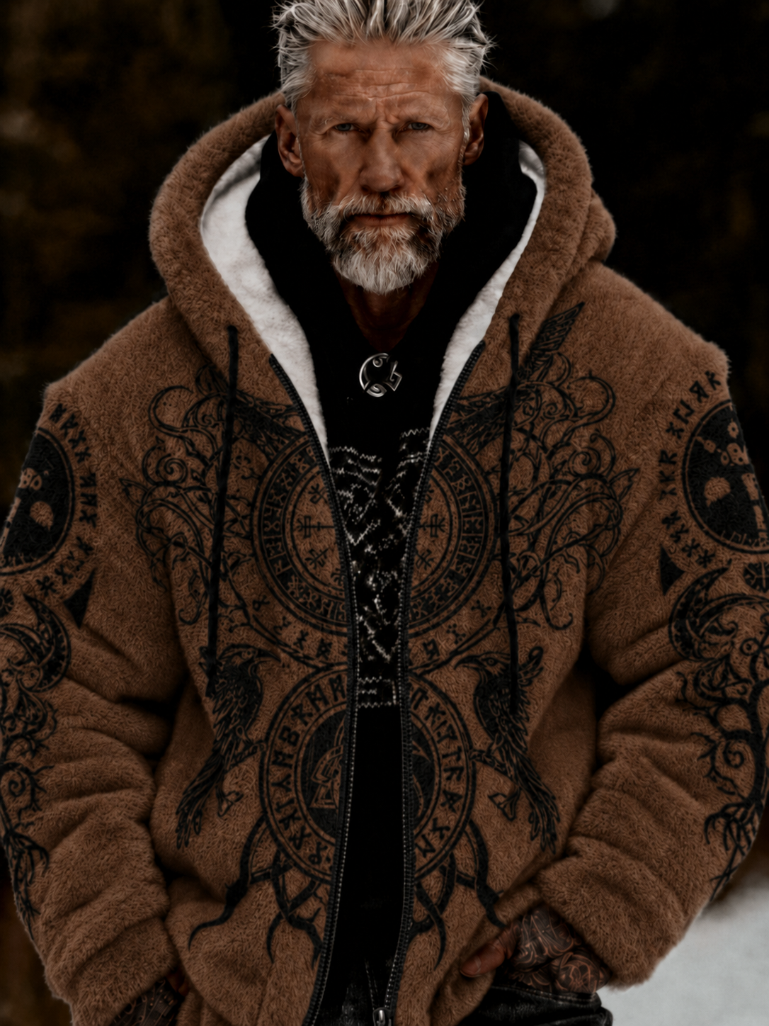 Herrlig viking- och keltiskt inspirerad plyschjacka med dragkedja och huva, mysig och varm