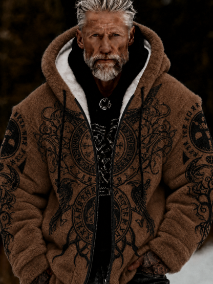 Herrlig viking- och keltiskt inspirerad plyschjacka med dragkedja och huva, mysig och varm