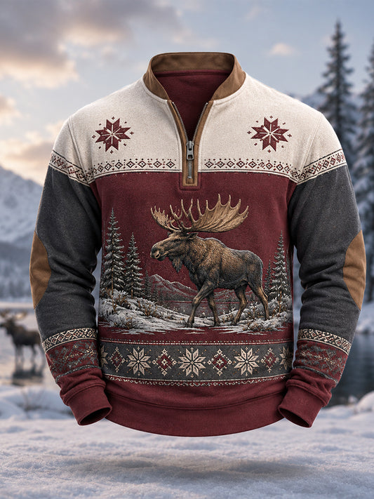 Herrpullover för vintern med älgmönster och dragkedja, i ledig stil