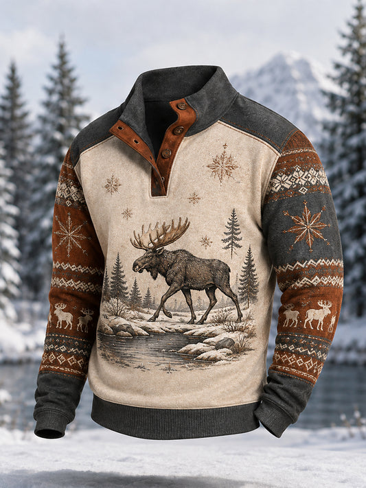 Herrpullover för vintern med älgmönster, vardaglig modell med knappar
