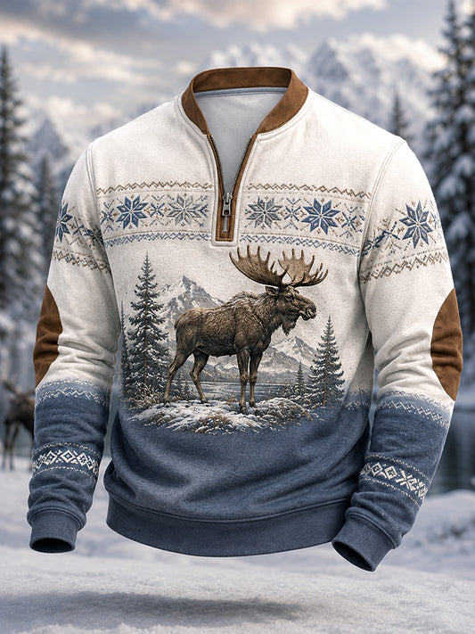 Herrpullover för vintern med älgmönster och dragkedja, i ledig stil