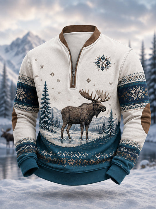 Mäns vinter Moose Print Casual blixtlås Pullovere