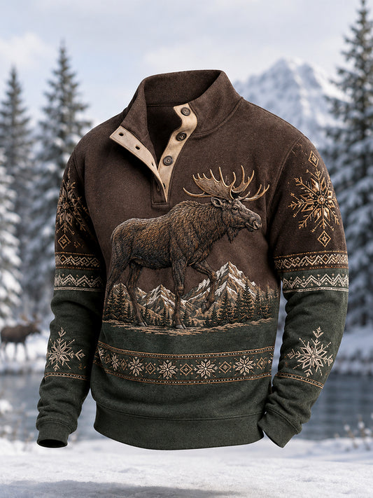 Herrpullover för vintern med älgmönster, vardaglig modell med knappar