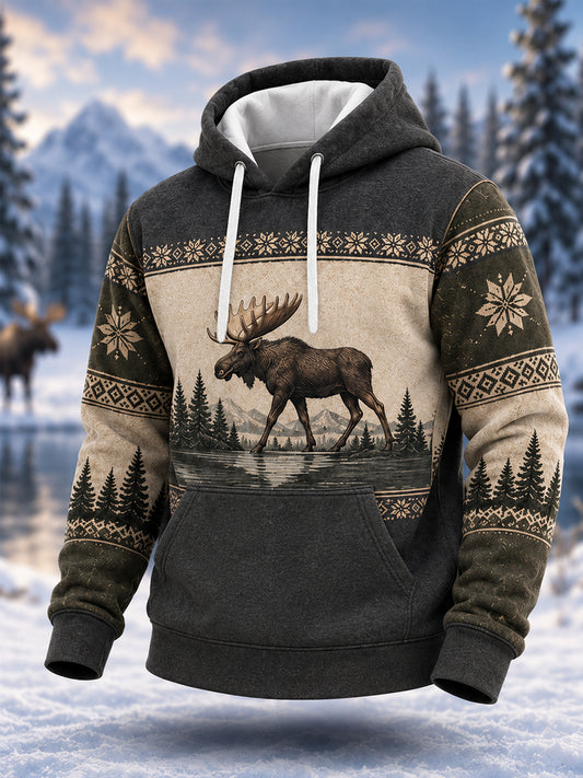 Mäns vinter Moose Print Casual Hoodie Print
