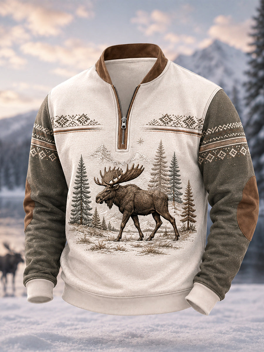 Herrpullover för vintern med älgmönster och dragkedja, i ledig stil
