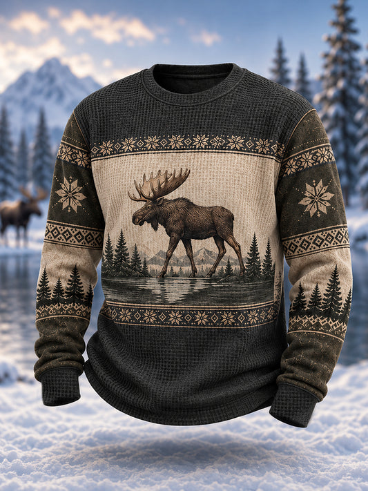 Mäns vinter Moose Print Casual Våffle Sweatshirt