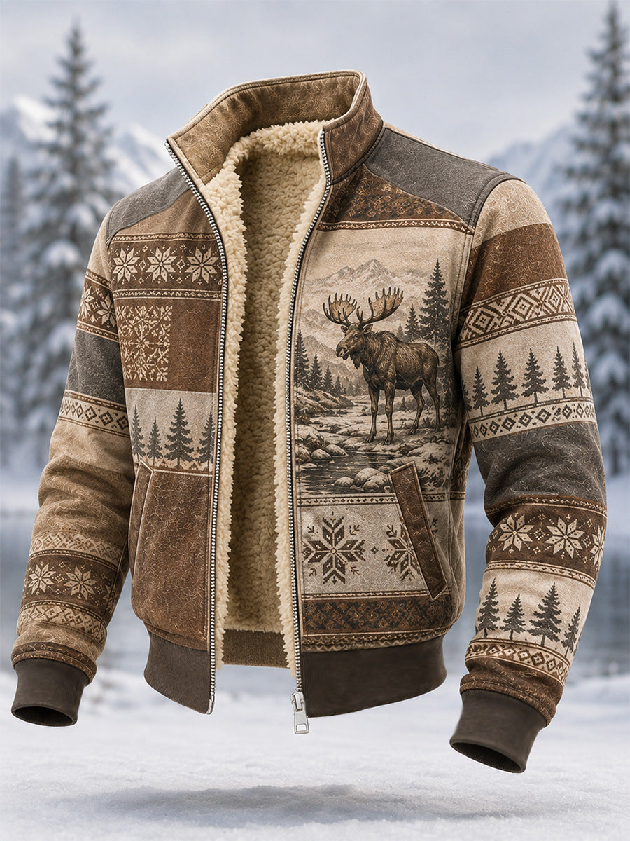 Mäns vinter Moose Print Casual Composite Fleece Jacka