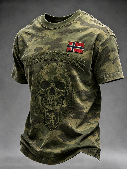 Herr-T-shirt med korta ärmar, vintagekamuflage och militärstilade tryck