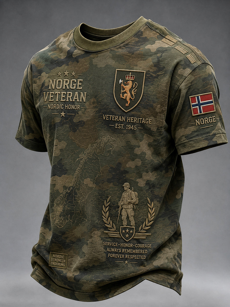 Herr-T-shirt med korta ärmar, vintagekamuflage och militärstilade tryck