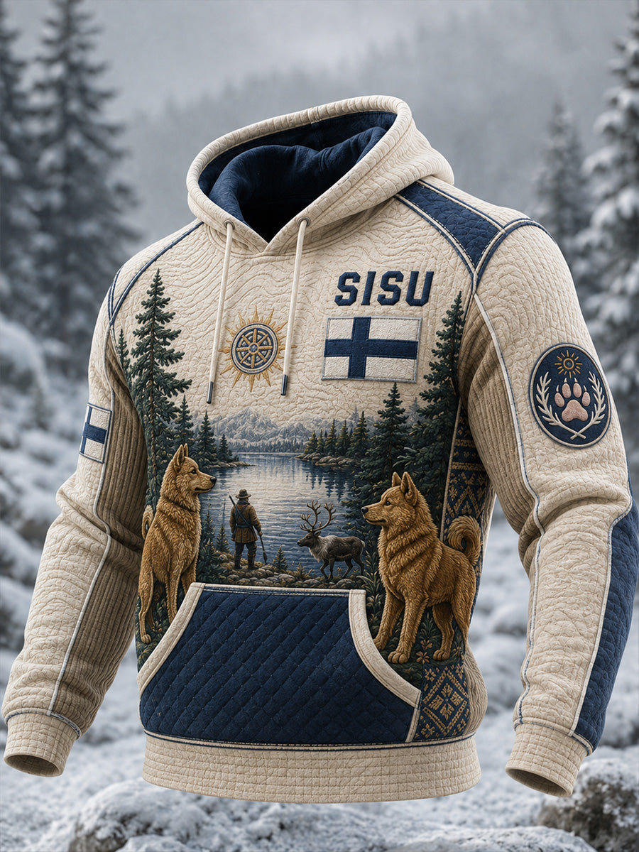 Herrlig retro nordisk hundkonsttryck, avslappnad och bekväm vaffelmönstrad stickad hoodie