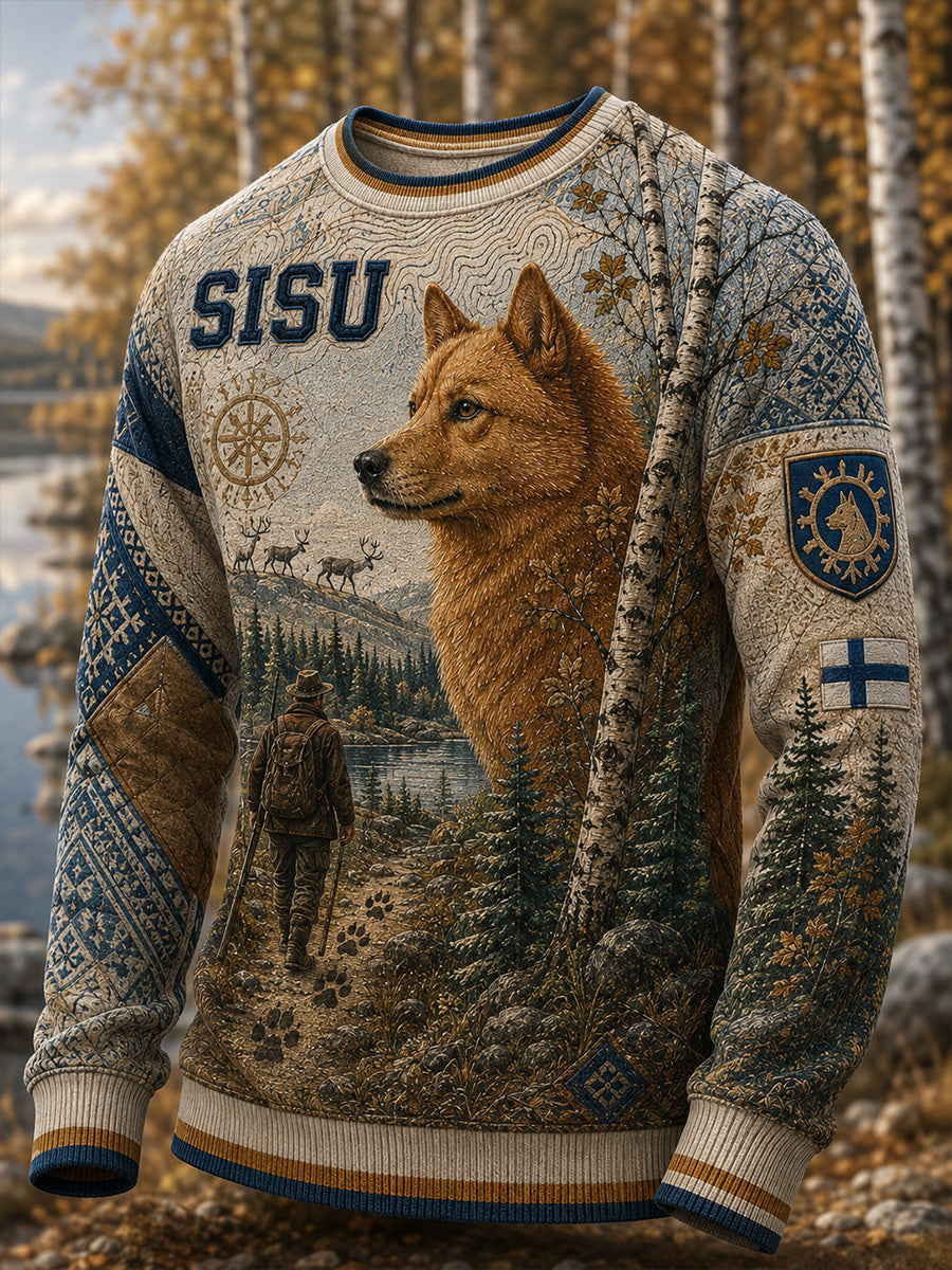 Men's Retro Nordic Hound Konst Print Casual Bekväm våffle Stick Sweatshirt