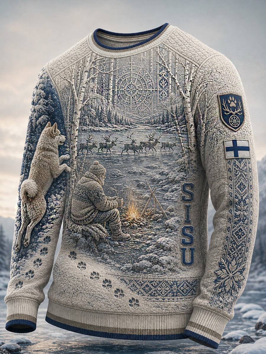 Herrtröja i retro nordisk hundmotiv, casual och bekväm, med våffelstickad struktur