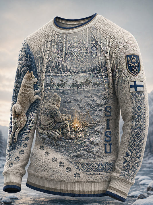 Herrtröja i retro nordisk hundmotiv, casual och bekväm, med våffelstickad struktur