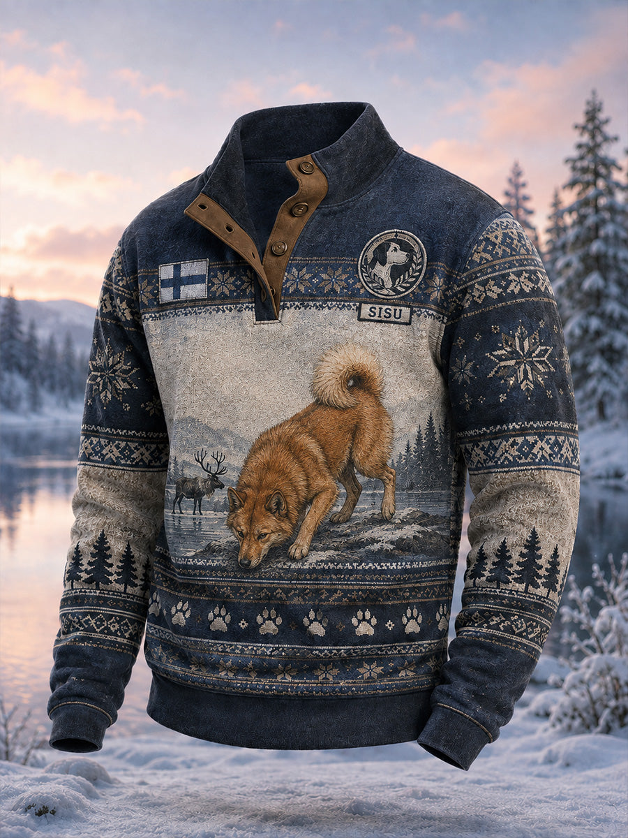 Retrostil nordisk jaktshund grafiskt tryck avslappnad, bekväm långärmad sweatshirt
