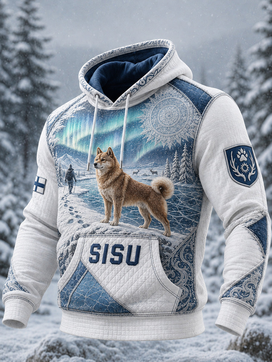 Men's Retro Nordic Hound Art Print Casual Bekväm våffle Stick Hoodie.