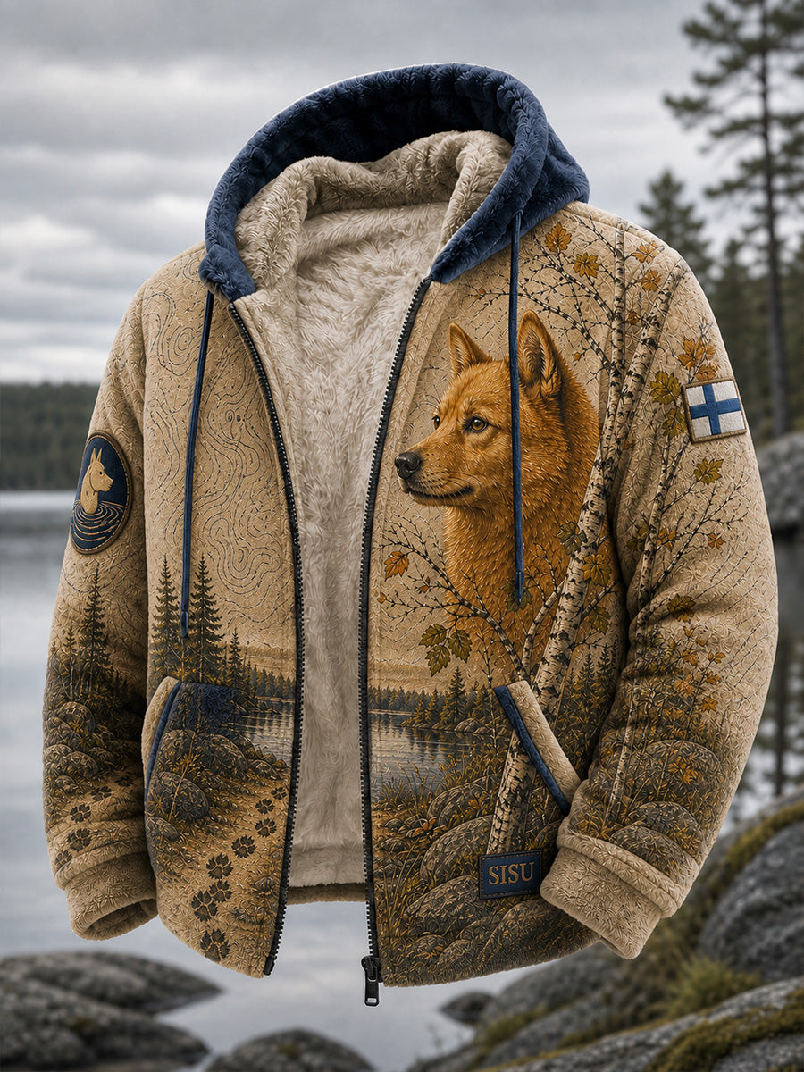 Retro nordisk stil, grafisk huvtröja med jakthund, avslappnad och bekväm