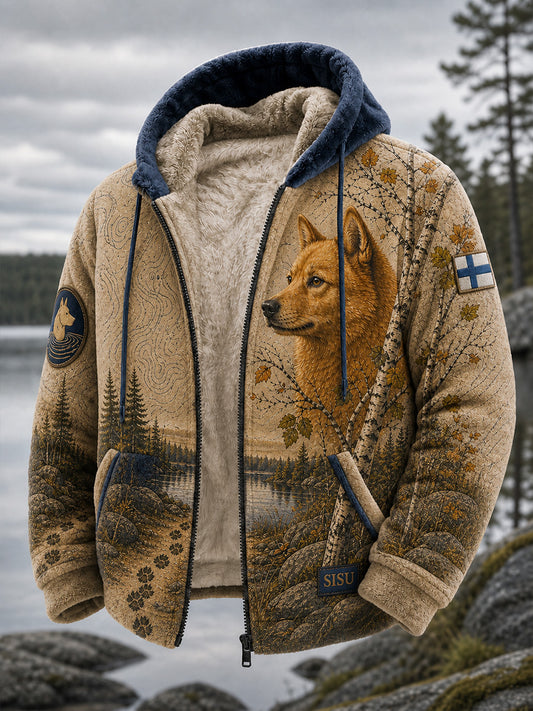 Retro nordisk stil, grafisk huvtröja med jakthund, avslappnad och bekväm