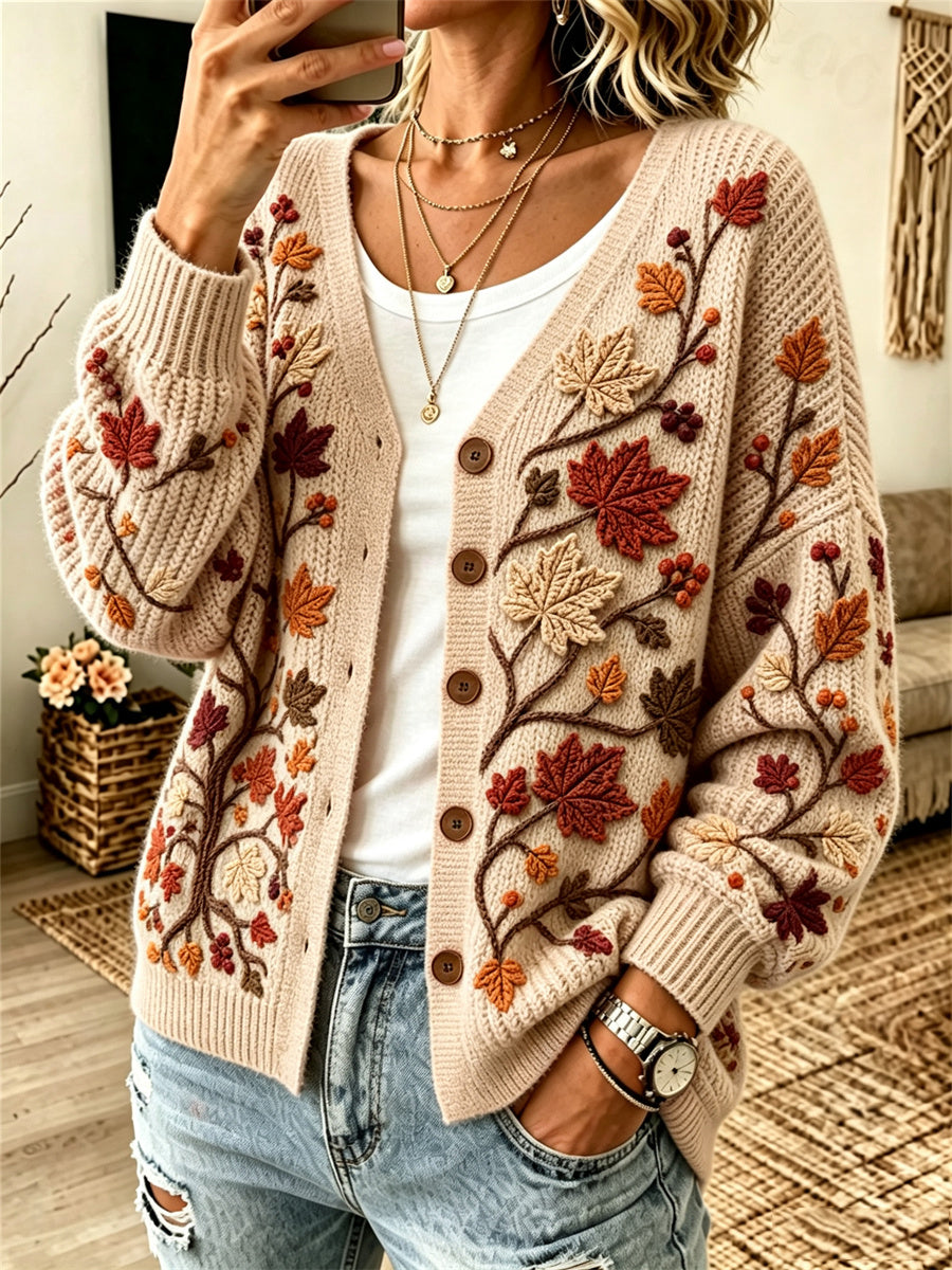 Kvinnors fall träd grenar & löv Skriv ut mysig cardigan