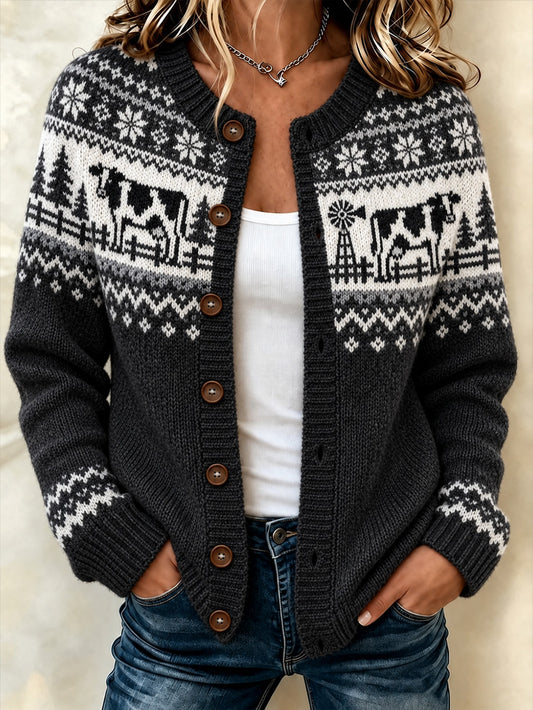 Kvinnor gård ko mönster tryckt casual cardigan-stil sticka jacka