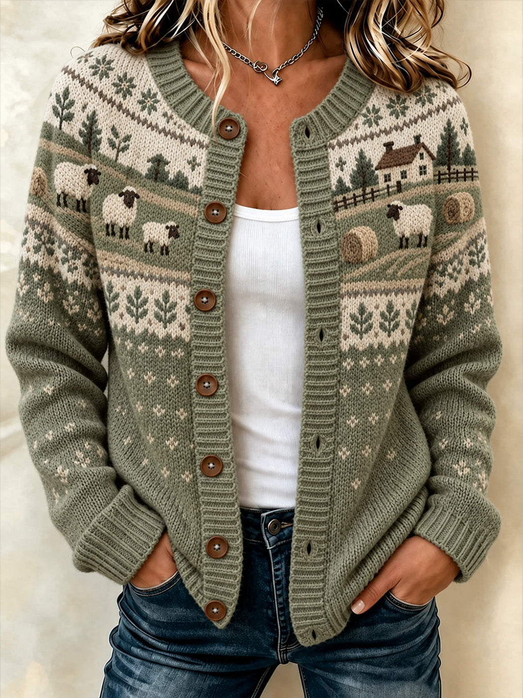 Kvinnor gård Får mönster tryckt casual cardigan-stil sticka jacka