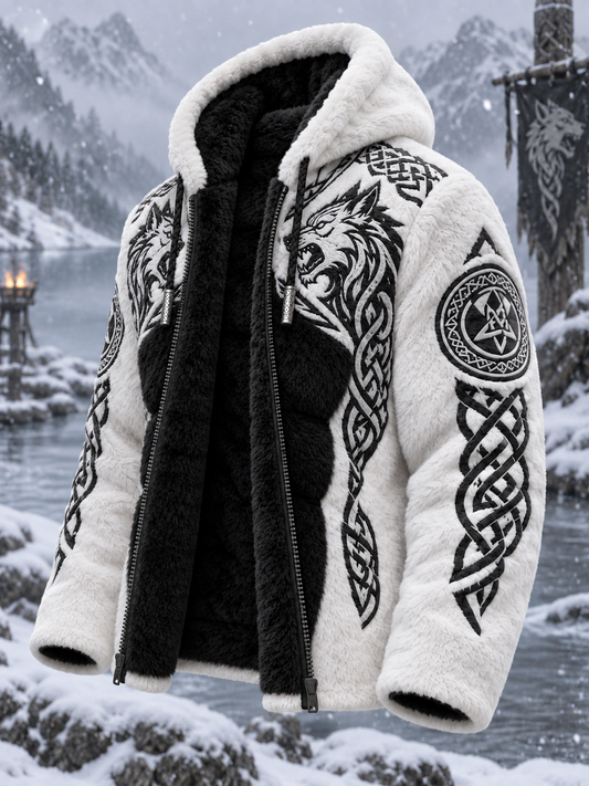 Herrlig viking- och keltiskt inspirerad plyschjacka med dragkedja och huva, mysig och varm