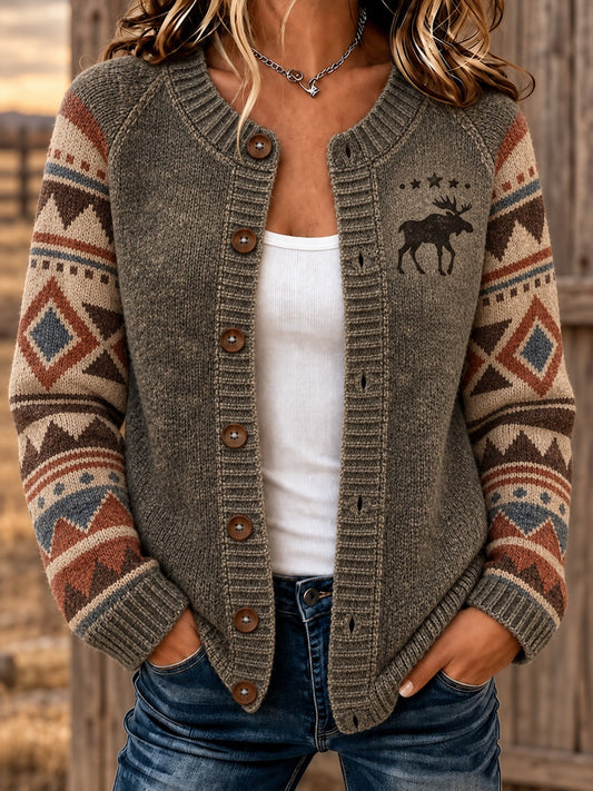 Kvinnors Retro Western Printed Mysig Cardigan