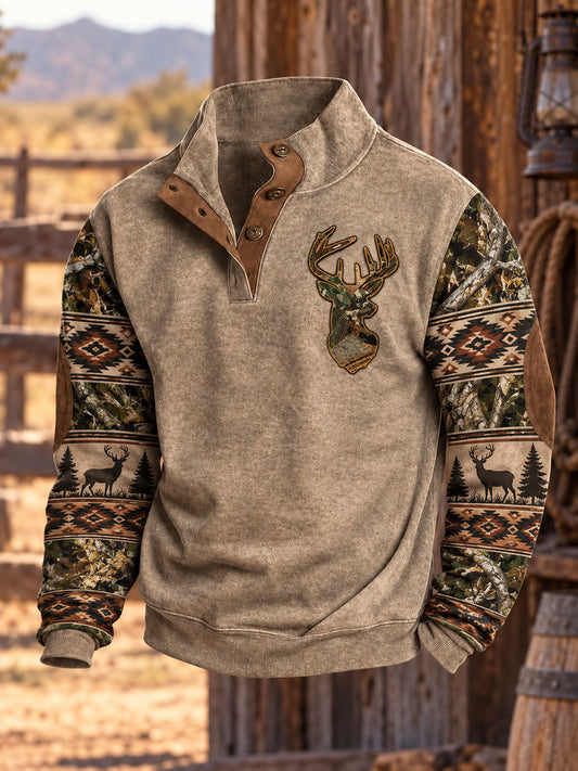 Herrtröja med westernmönster och fyra knappar samt huva