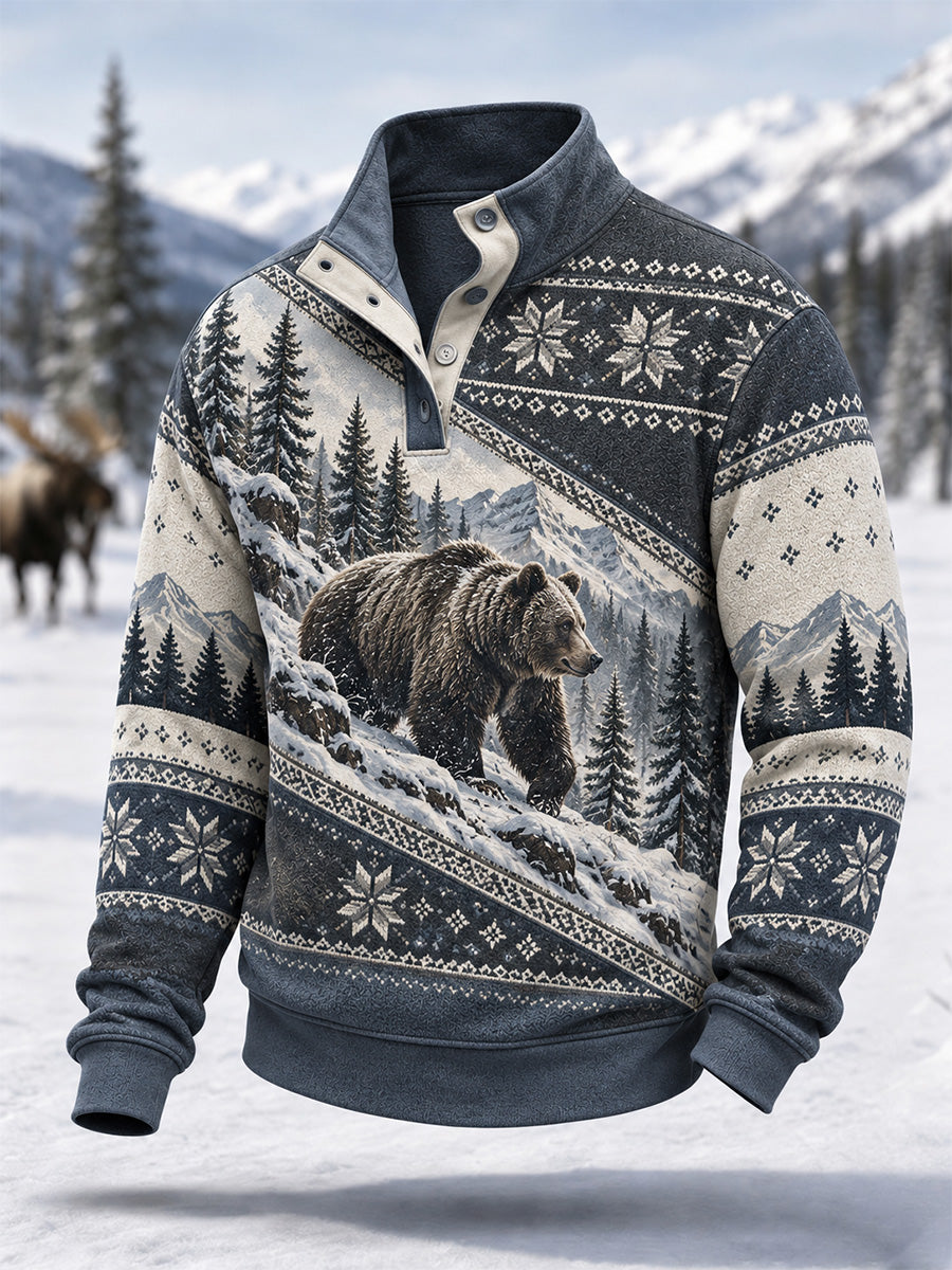 Herrpullover för vintern med snöbjörnsmönster och knappar – vardagsmodell