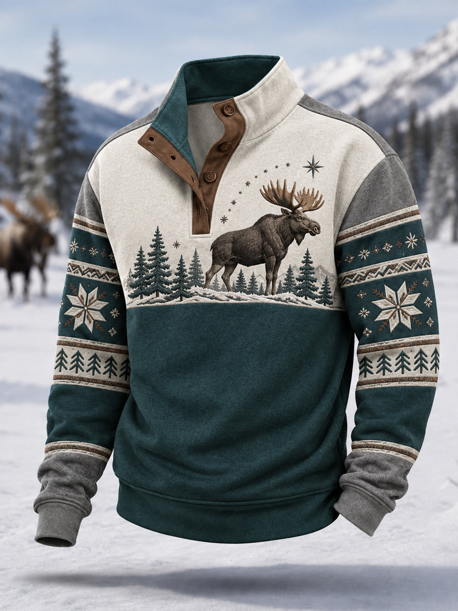 Herrpullover för vintern med älgmönster, vardaglig modell med knappar