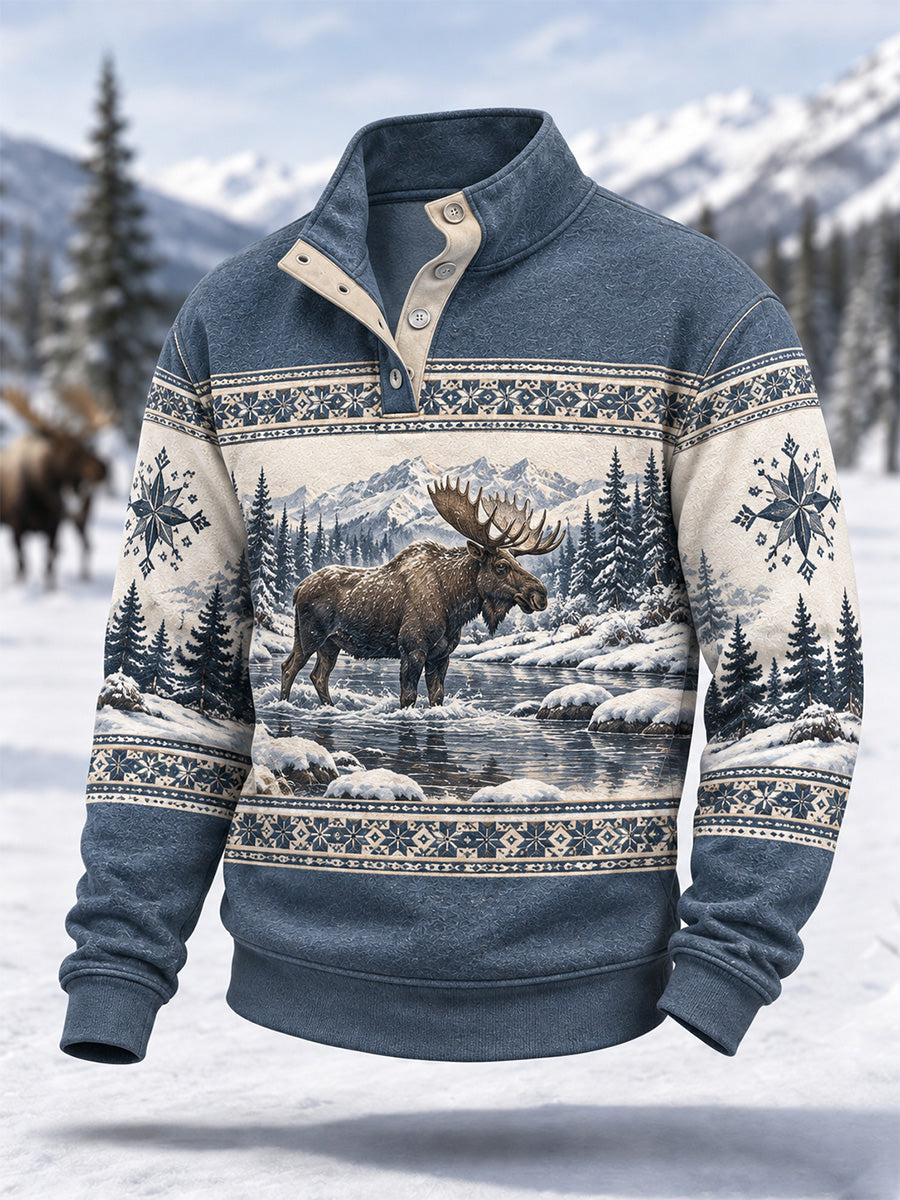 Herrpullover för vintern med älgmönster, vardaglig modell med knappar