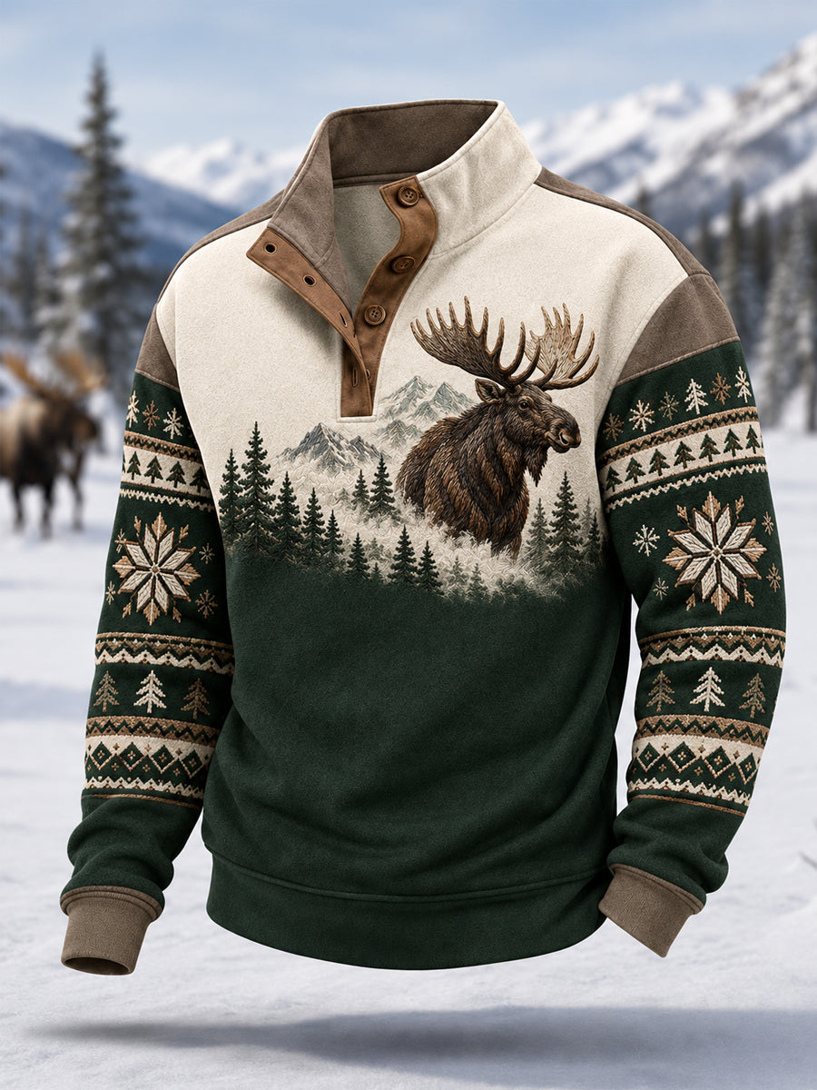 Herrpullover för vintern med älgmönster, vardaglig modell med knappar