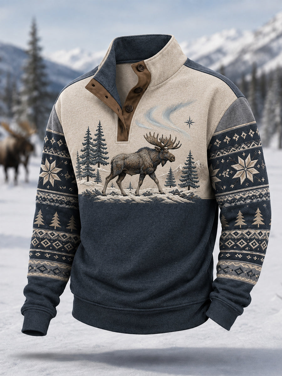 Herrpullover för vintern med älgmönster, vardaglig modell med knappar