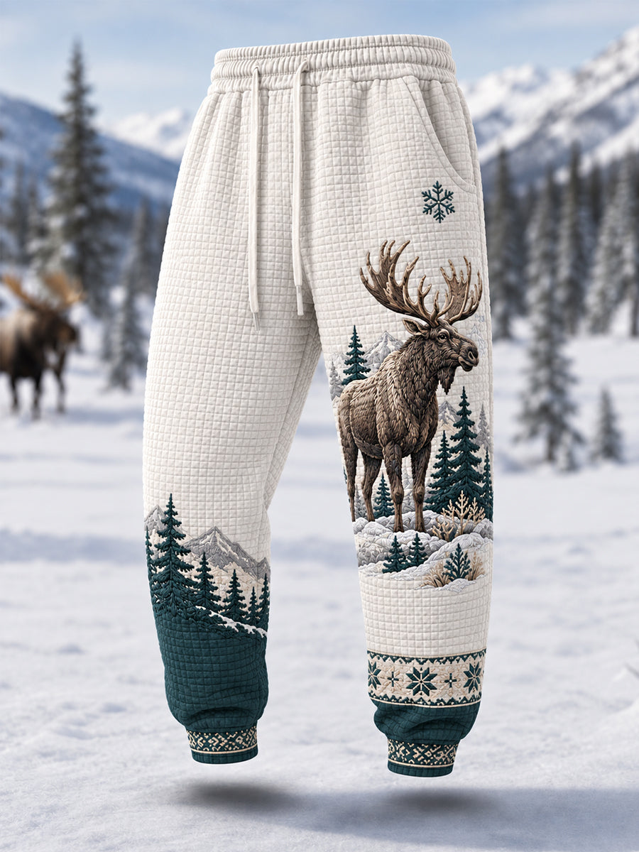 Mäns vinter Moose Print Casual Våffle Byxor