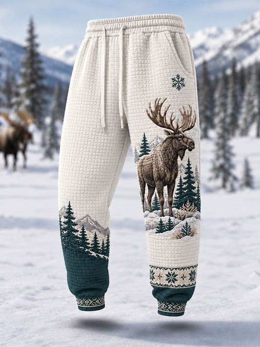 Mäns vinter Moose Print Casual Våffle Byxor