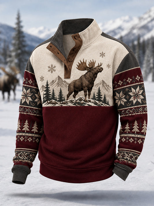Herrpullover för vintern med älgmönster, vardaglig modell med knappar