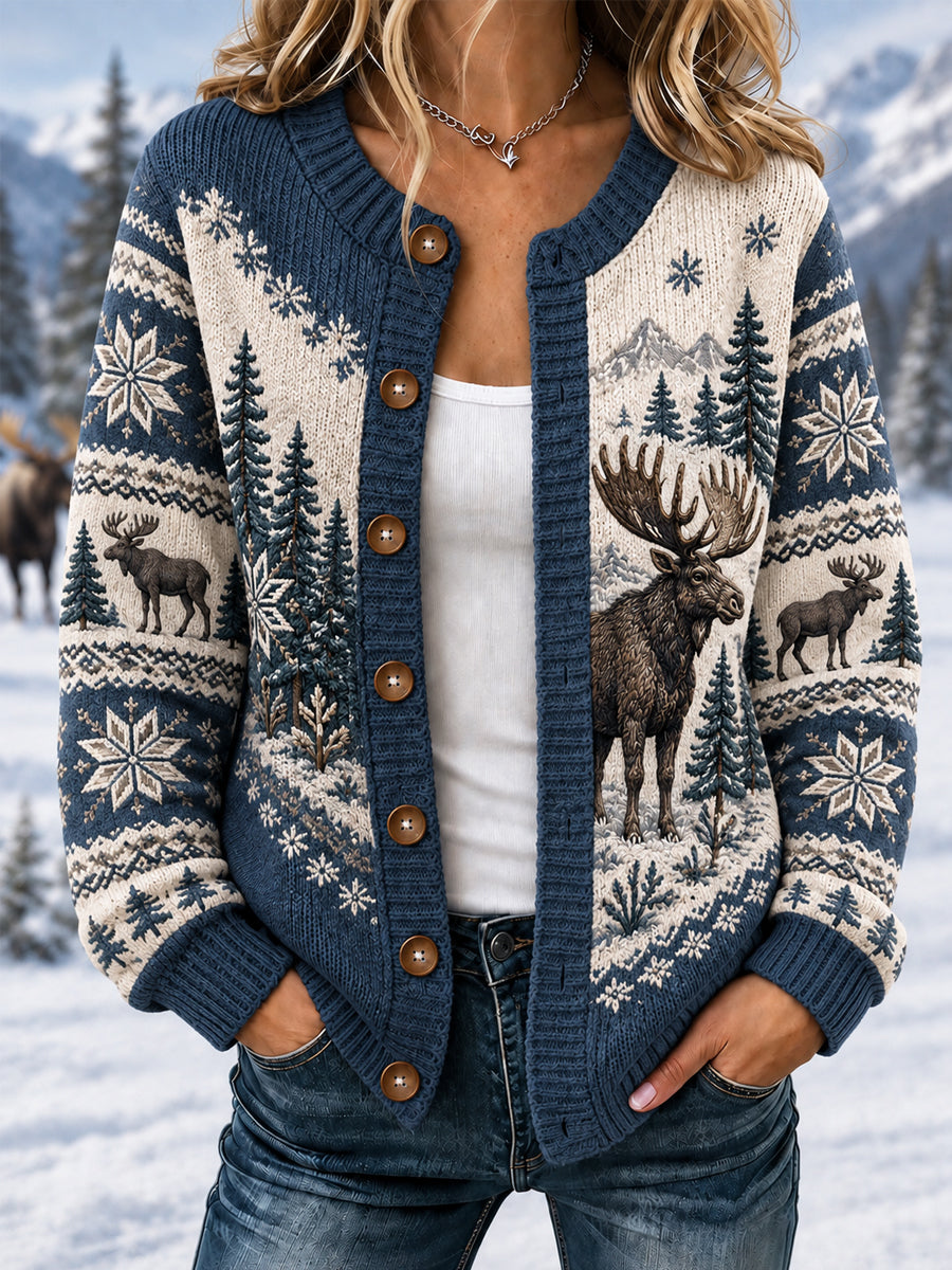 Kvinnors vinter Moose Print Casual Cardigan