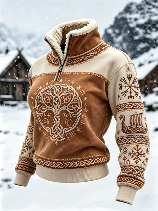 Kvinnors Vintage Viking träd liv keltisk tryck pälskrage topp