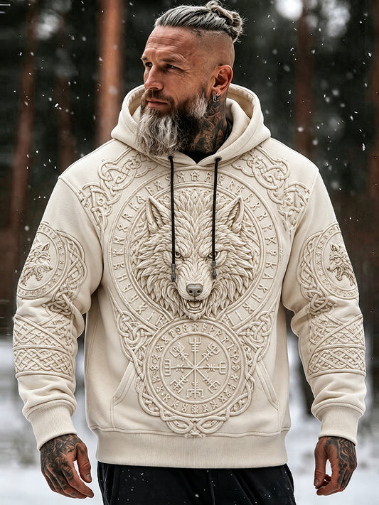 Mäns Vintage Viking Wolf Celtic Print Comfy Hoodie med fickar