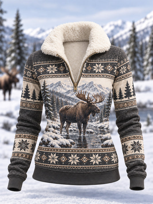 Damsweatshirt i kompositfleece med älgmönster för vinterbruk, avslappad stil