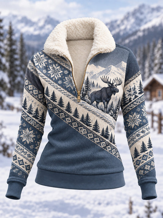 Damsweatshirt i kompositfleece med älgmönster för vinterbruk, avslappad stil