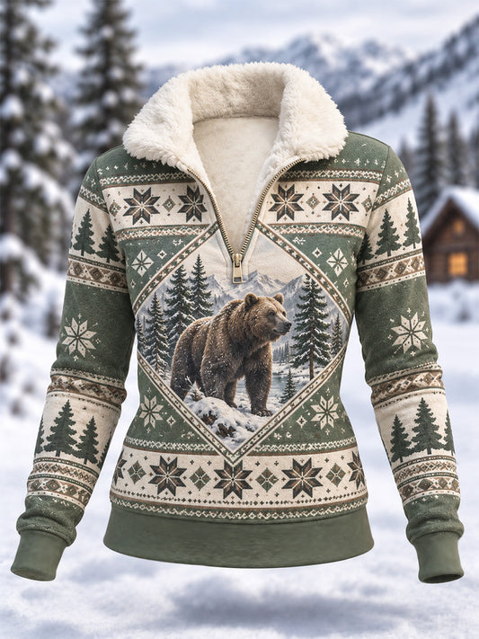 Dammuddning med vintermotiv av björn i casual stil, kompositfleece med huva