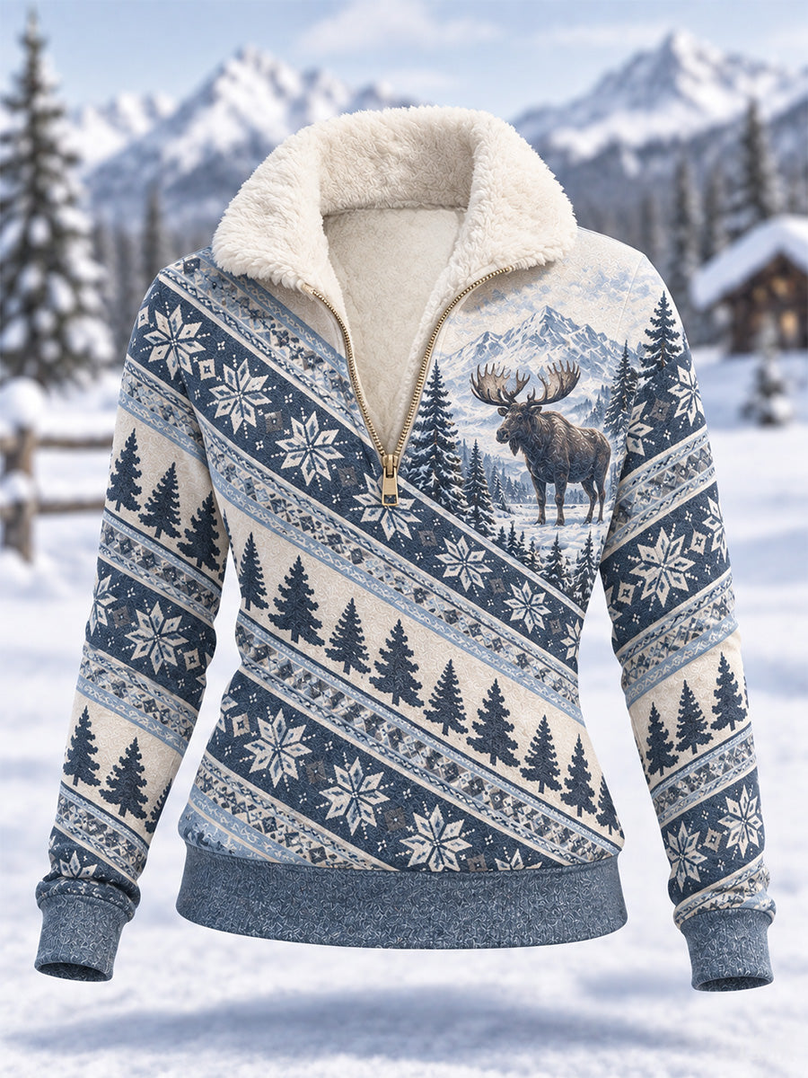 Damsweatshirt i kompositfleece med älgmönster för vinterbruk, avslappad stil