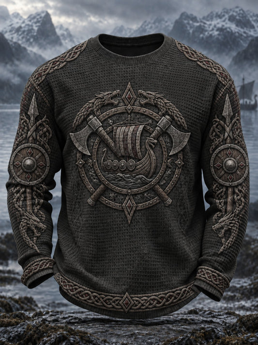 Mäns vikingtryckt våffla lång ärm T-shirt