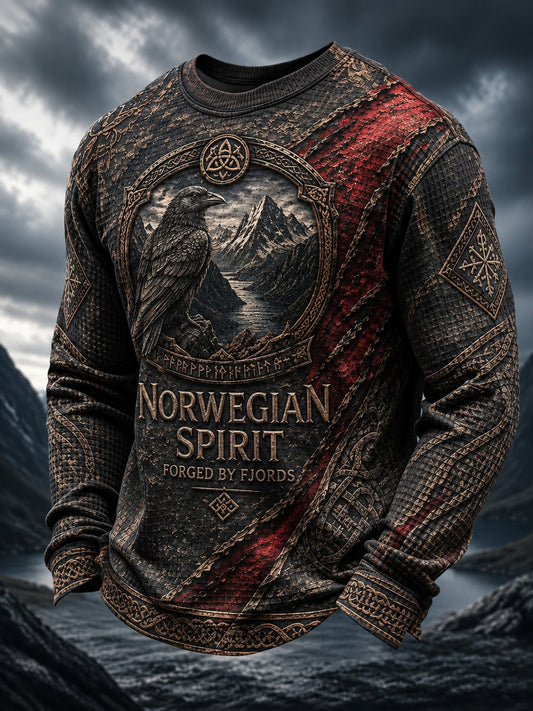 Herrtröja i vafelväv med vikingatryck och lång ärm