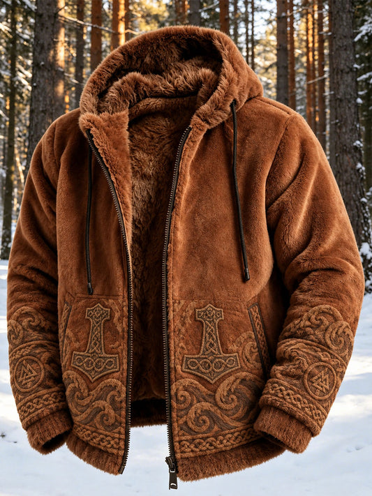 Mäns Retro Viking Wolf Totem Celtic Style Flannel varm huvad tröjar