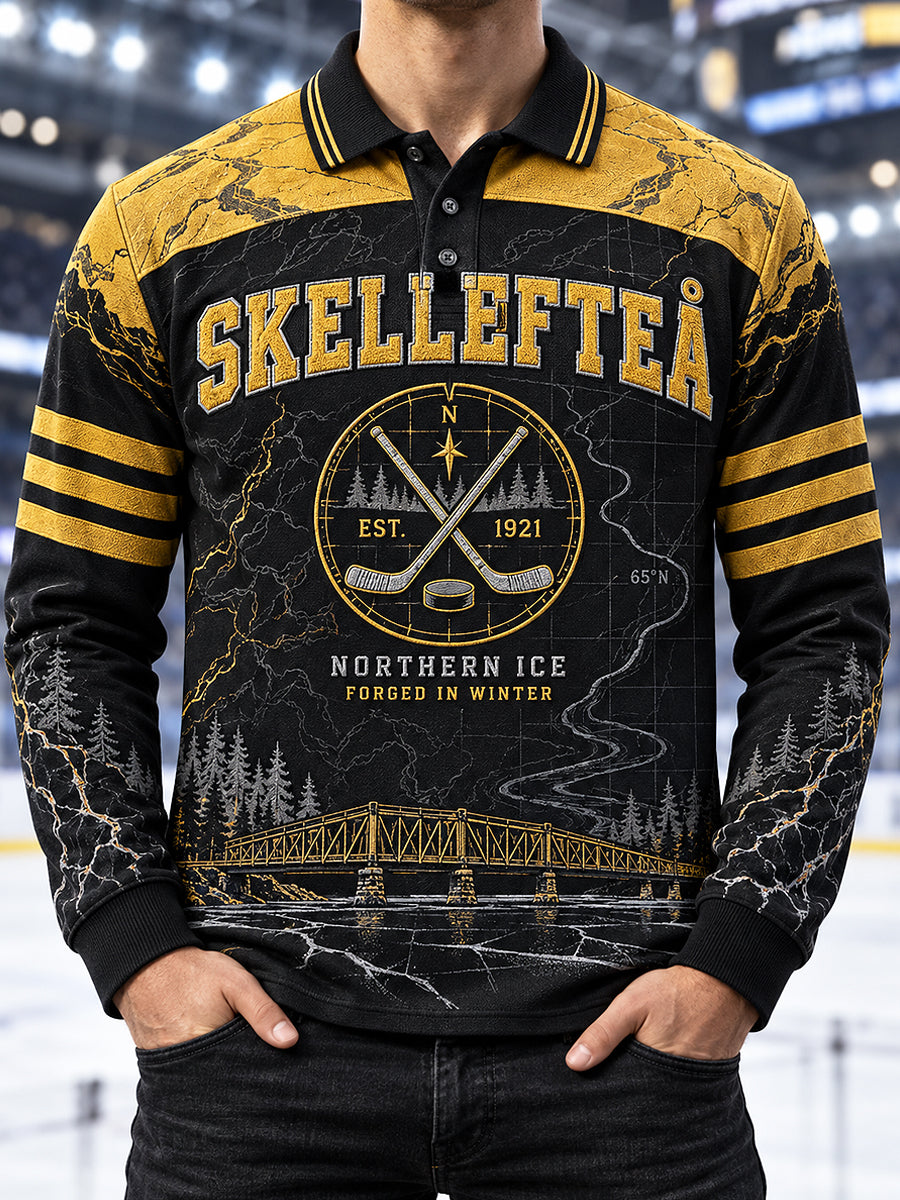 Herrpolskjorta i piké med långa ärmar från Skellefteå, tryckt design