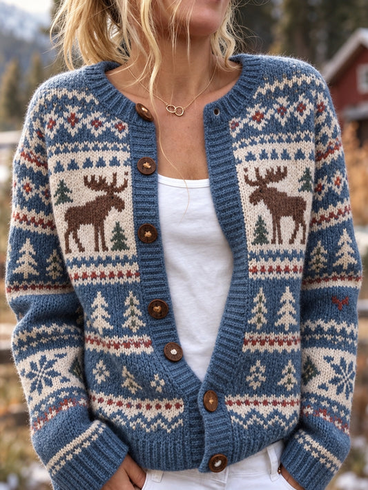 Kvinnors Vintage Moose Isle Print Cardigan-Style jacka
